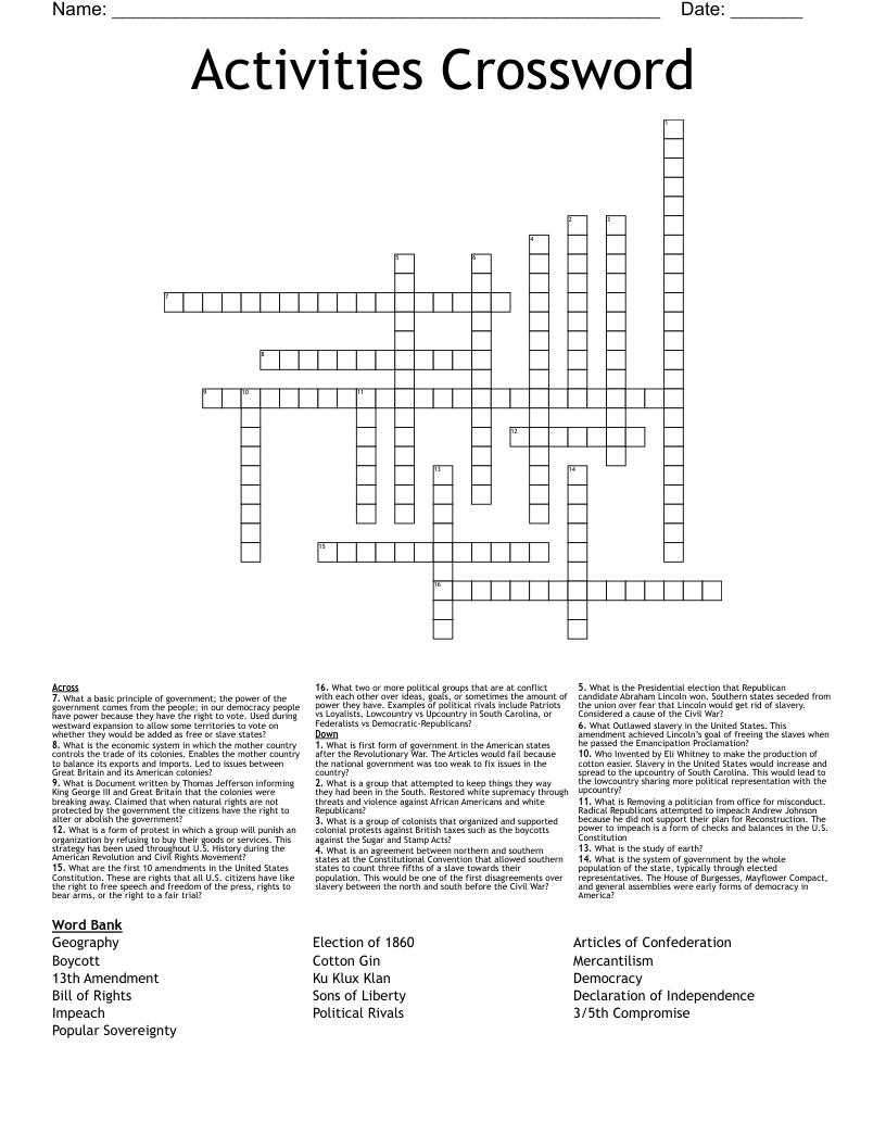 Activities Crossword