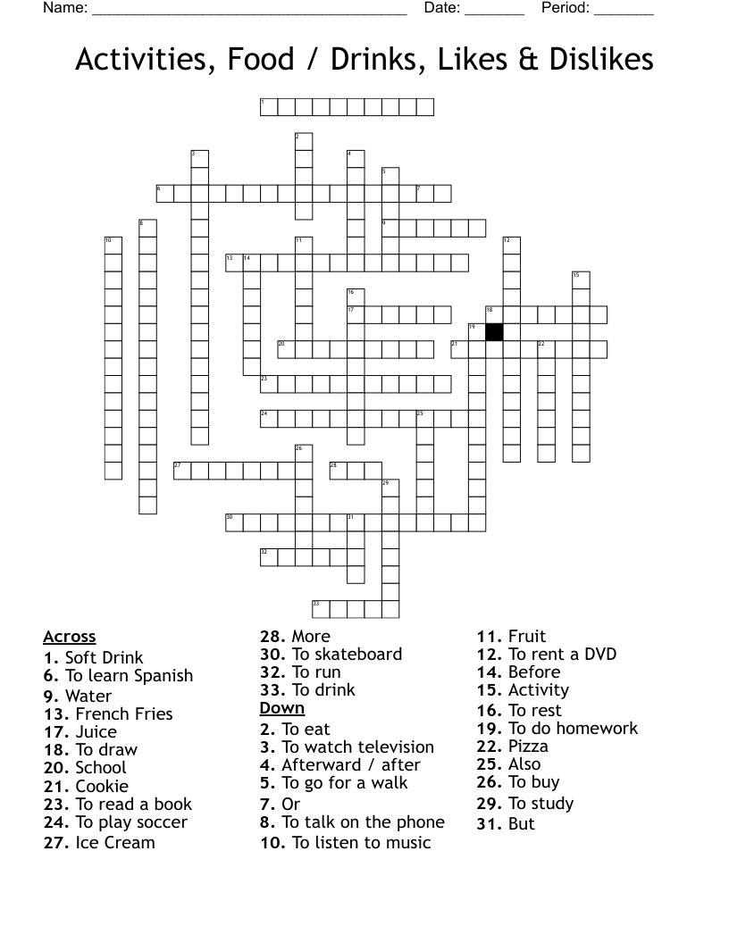 Activities, Food / Drinks, Likes & Dislikes Crossword