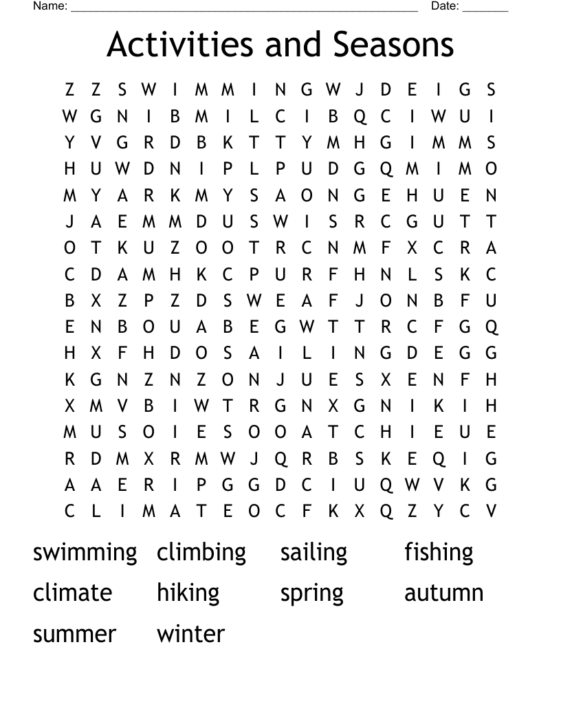 Activities and Seasons Word Search