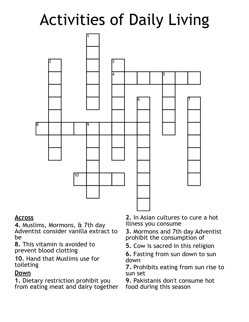 Activities of Daily Living Crossword