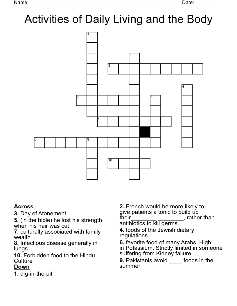 Activities of Daily Living and the Body Crossword
