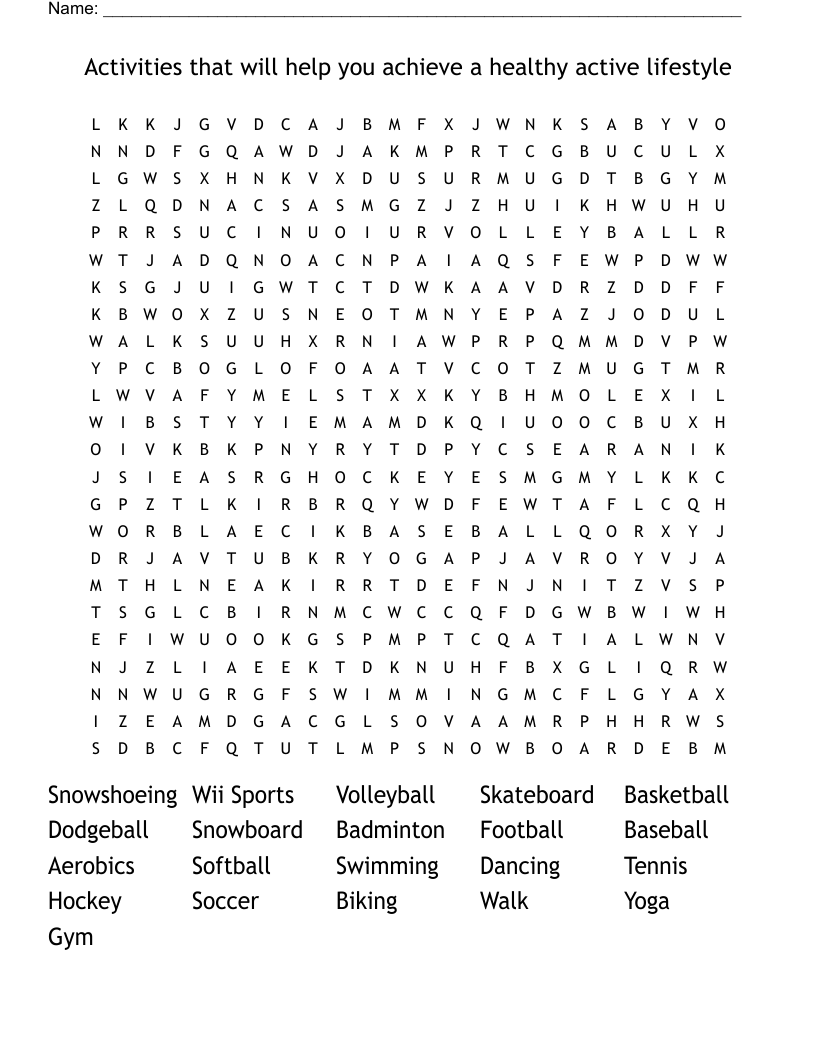 Activities that will help you achieve a healthy active lifestyle Word Search