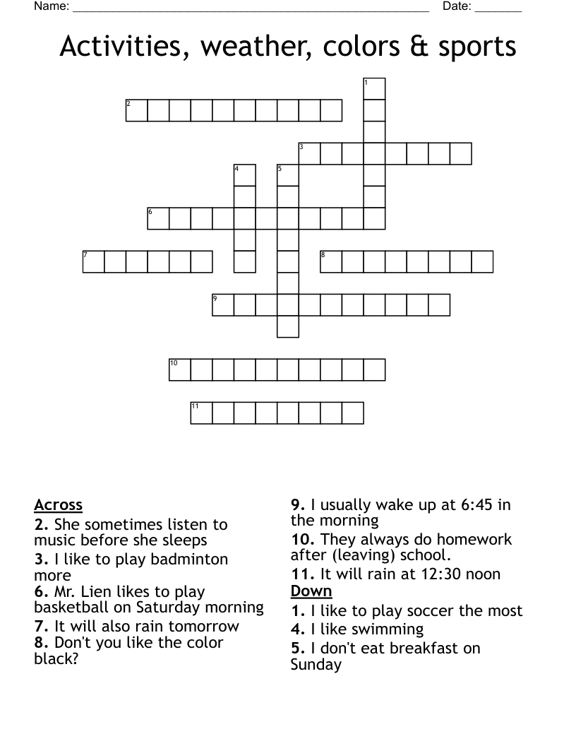 Activities, weather, colors & sports Crossword
