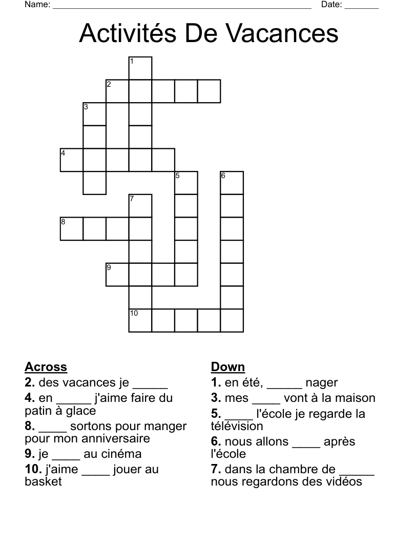 Activités De Vacances Crossword