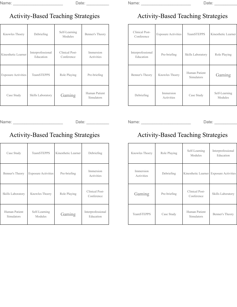 Activity-Based Teaching Strategies Bingo Cards