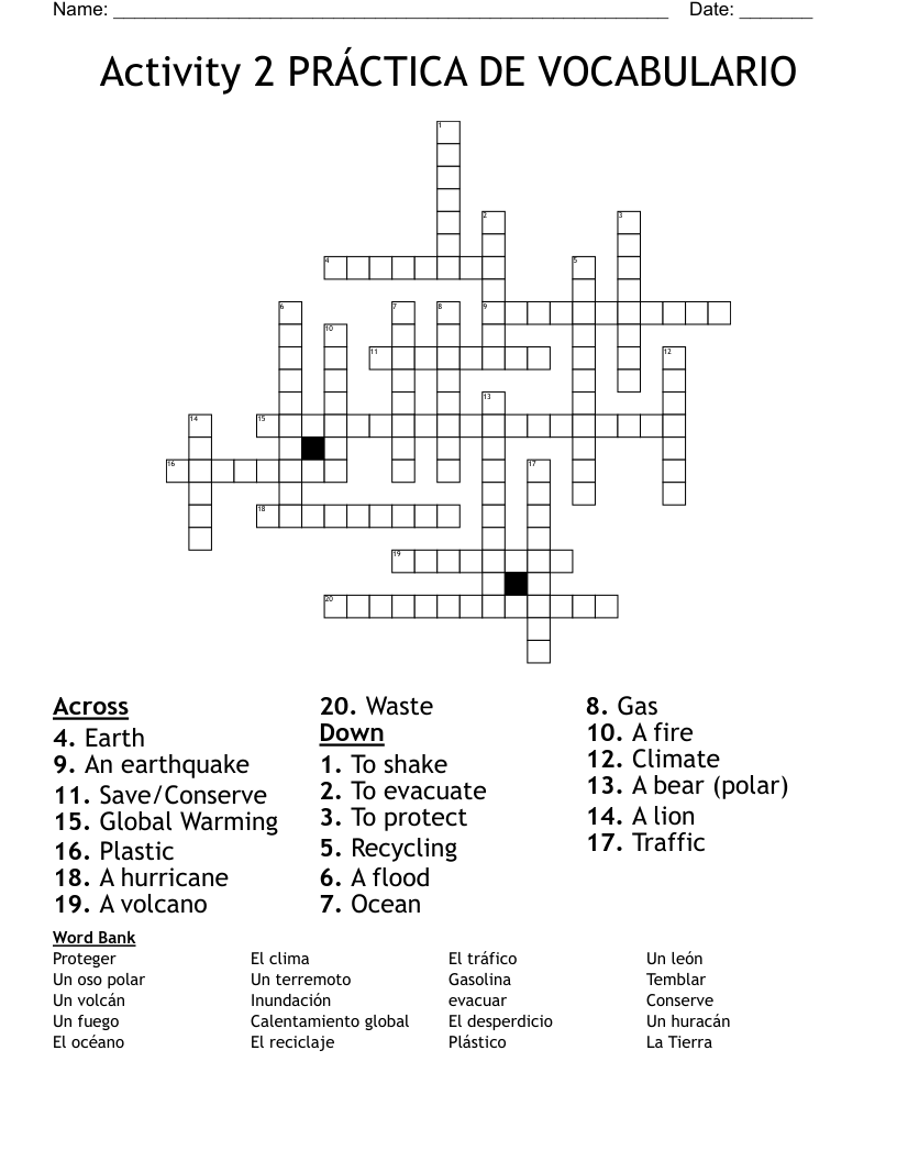 Activity 2  PRÁCTICA DE VOCABULARIO Crossword