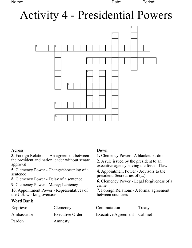 Activity 4 - Presidential Powers Crossword