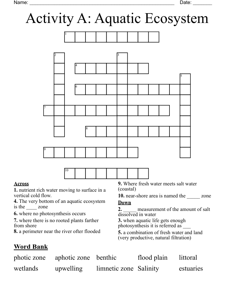 Activity A: Aquatic Ecosystem Crossword