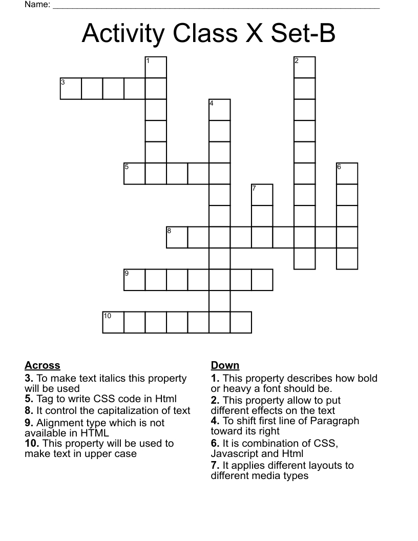 Activity Class X  Set-B Crossword