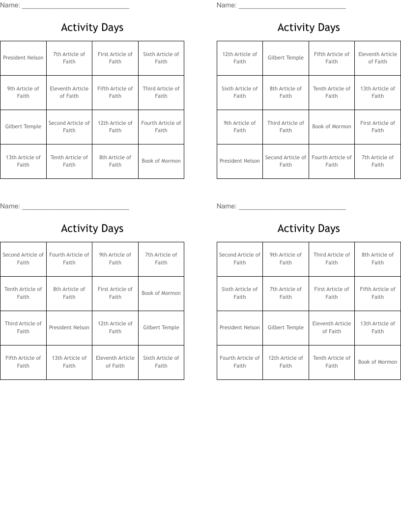 Activity Days Bingo Cards
