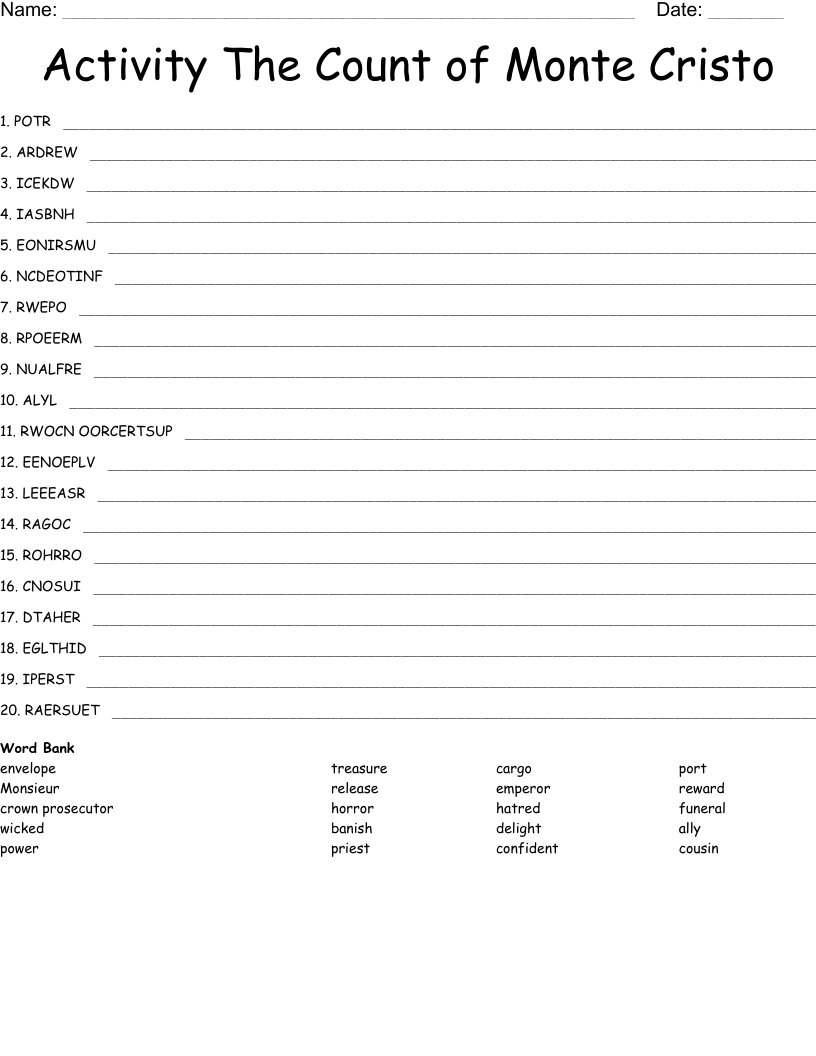 Activity The Count of Monte Cristo Word Scramble