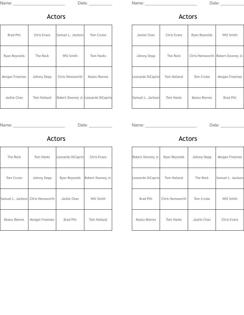 Actors Bingo Cards