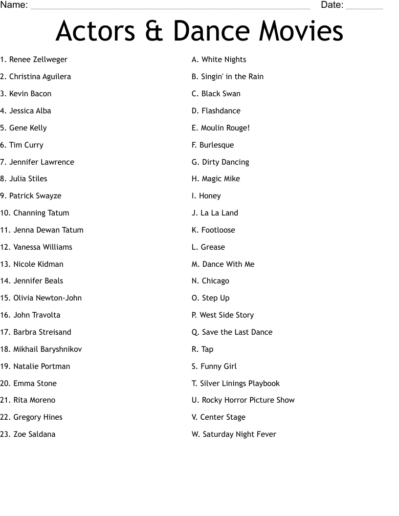 Actors & Dance Movies Worksheet