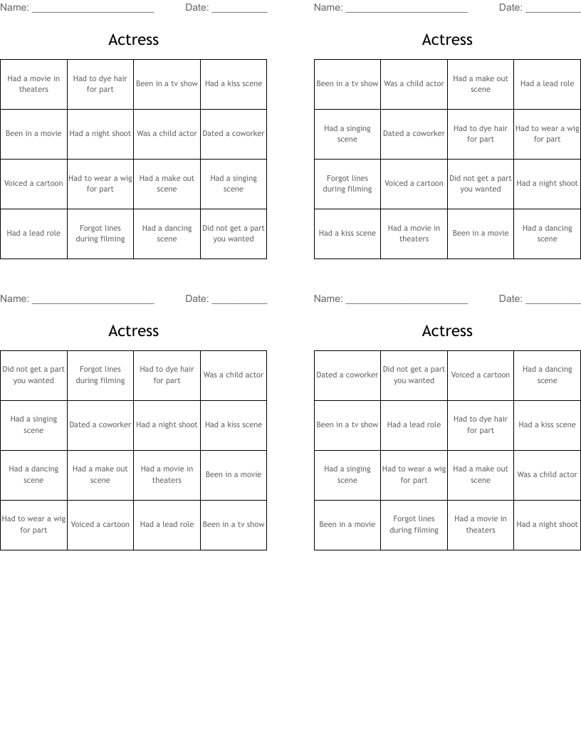 Actress Bingo Cards