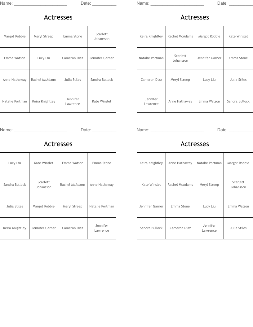 Actresses Bingo Cards