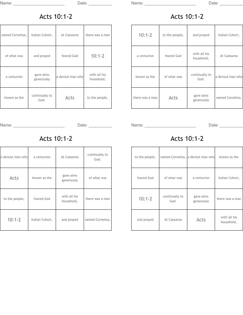 Acts 10:1-2 Bingo Cards