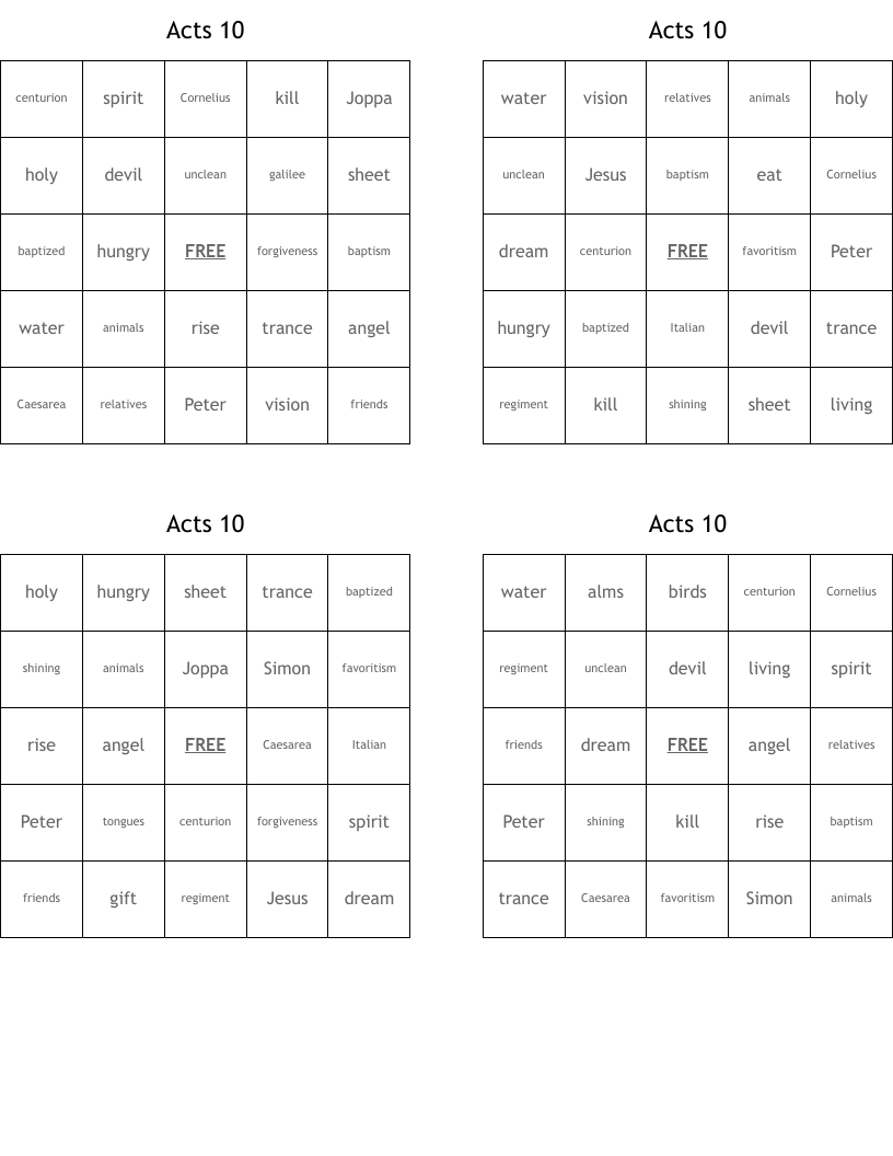 Acts 10 Bingo Cards