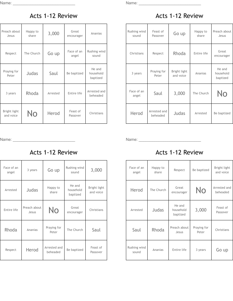 Acts 1-12 Review Bingo Cards