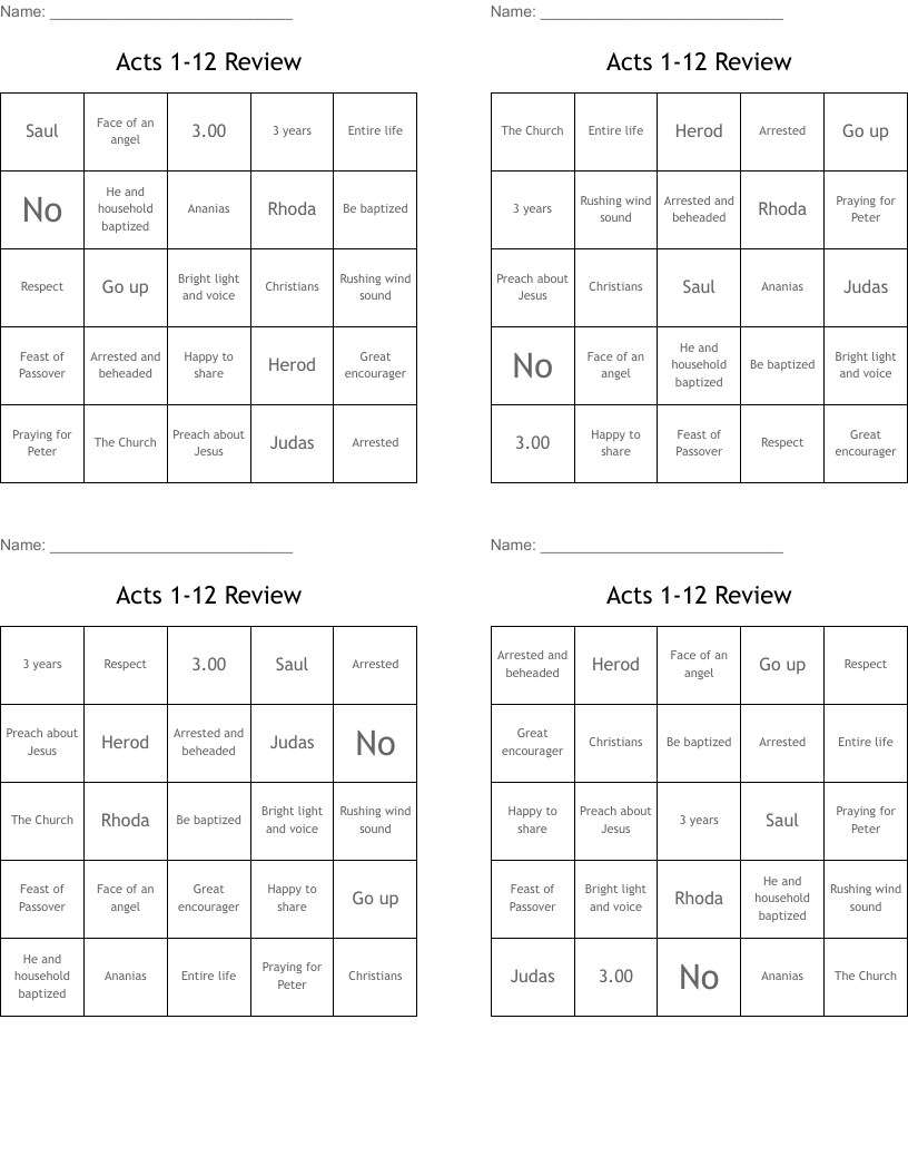 Acts 1-12 Review Bingo Cards