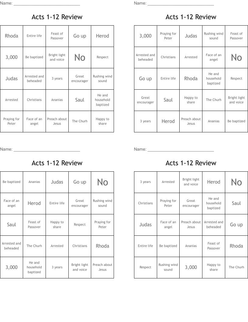 Acts 1-12 Review Bingo Cards