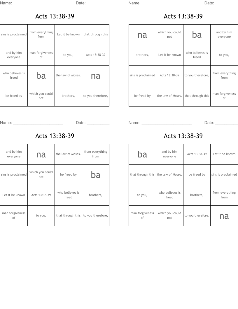 Acts 13:38-39 Bingo Cards