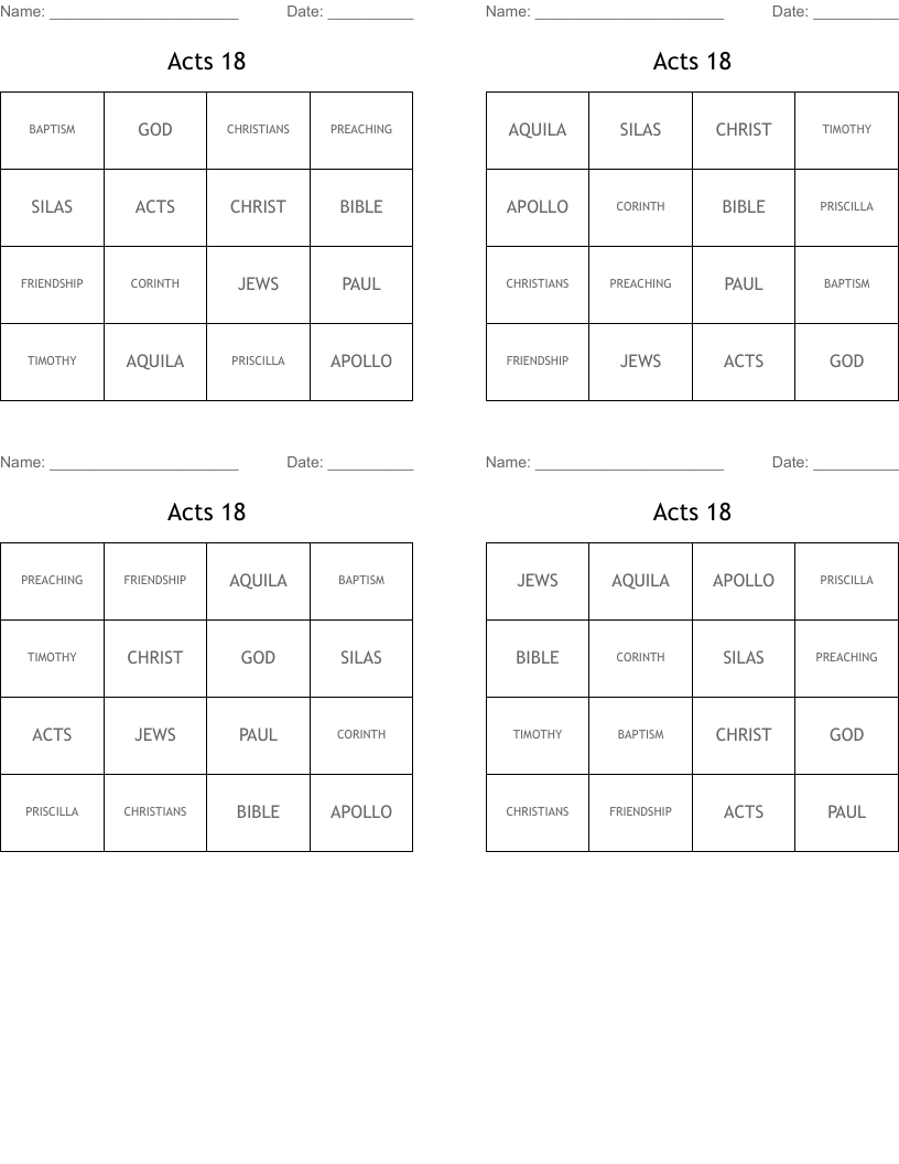 Acts 18 Bingo Cards