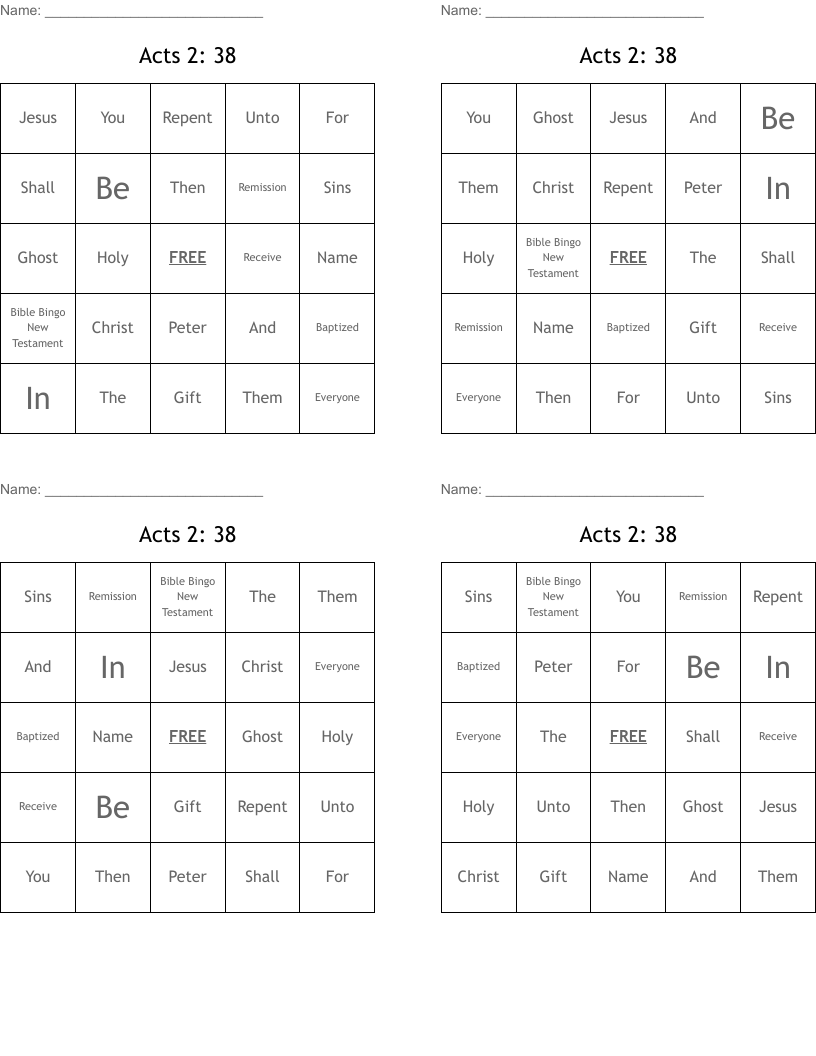 Acts 2: 38 Bingo Cards