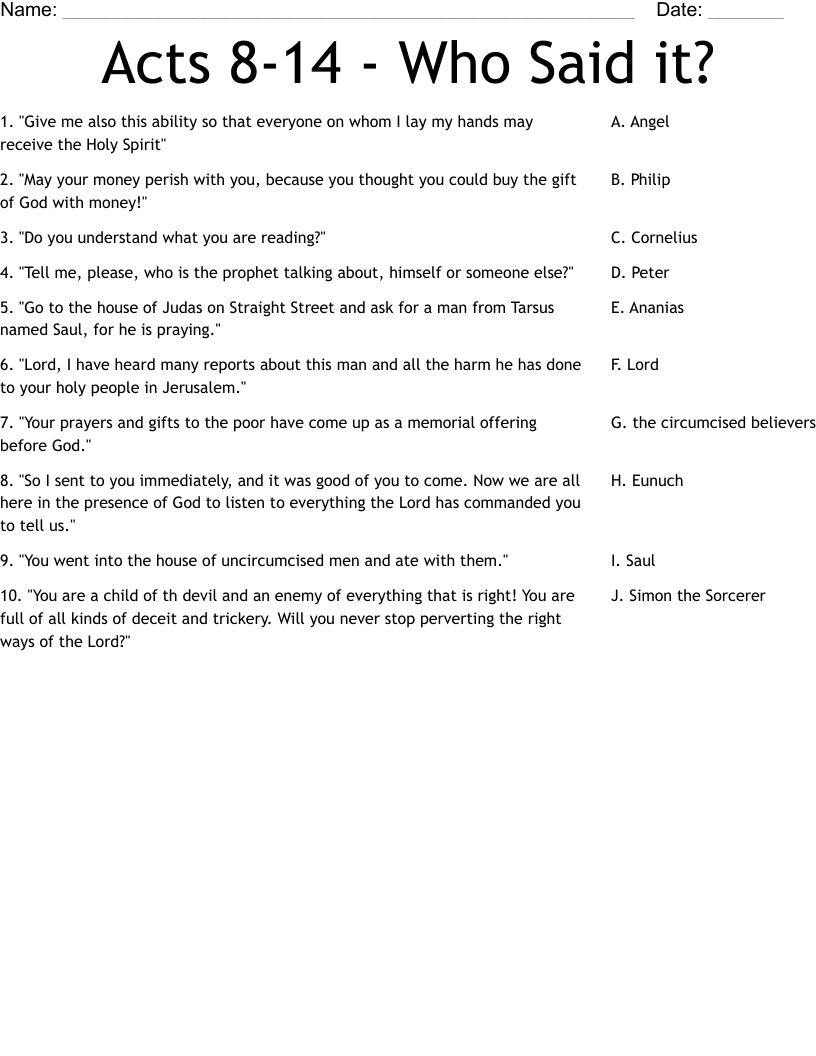 Acts 8-14 - Who Said it? Worksheet