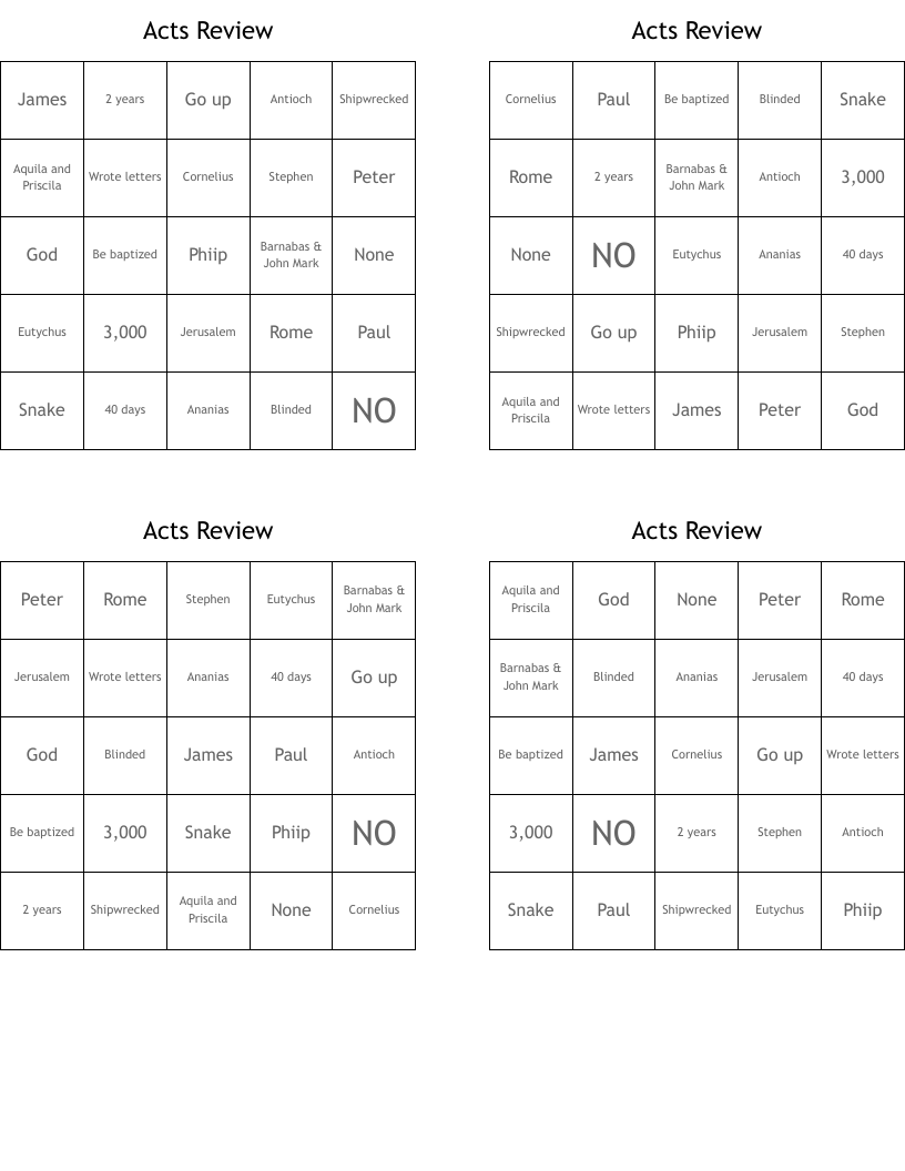 Acts Review Bingo Cards