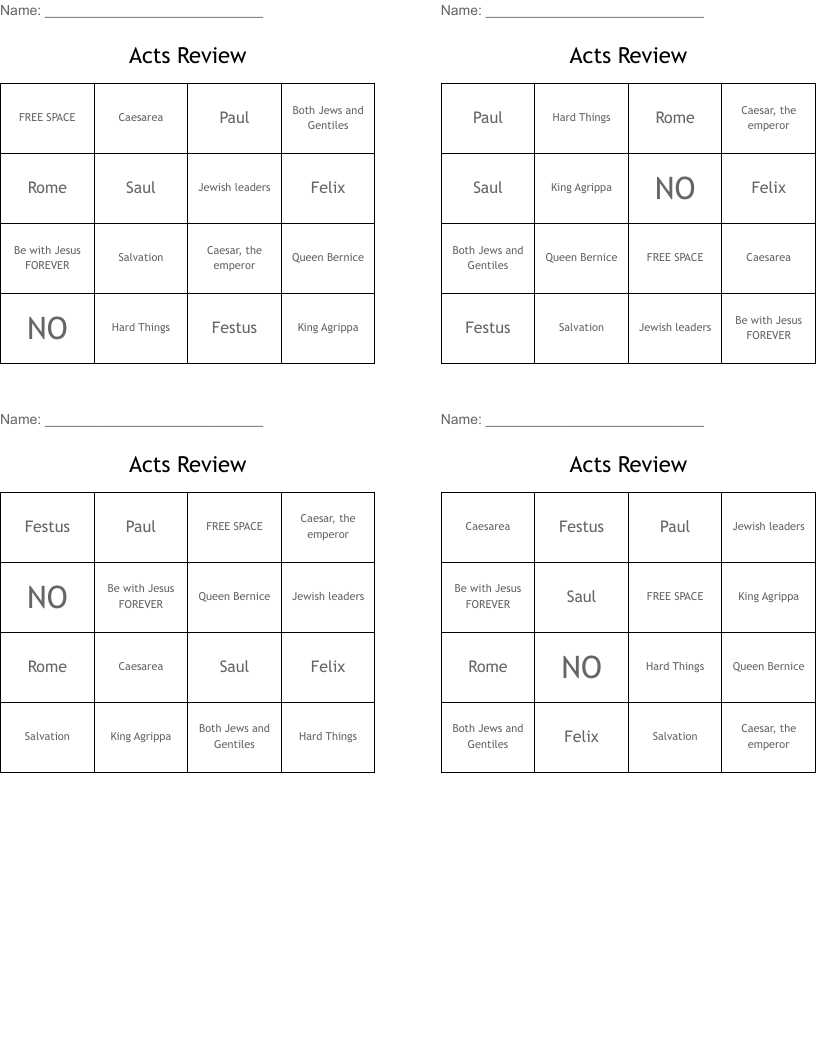Acts Review Bingo Cards