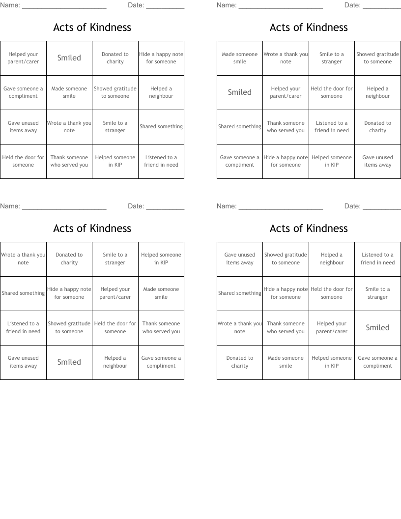 Acts of Kindness Bingo Cards