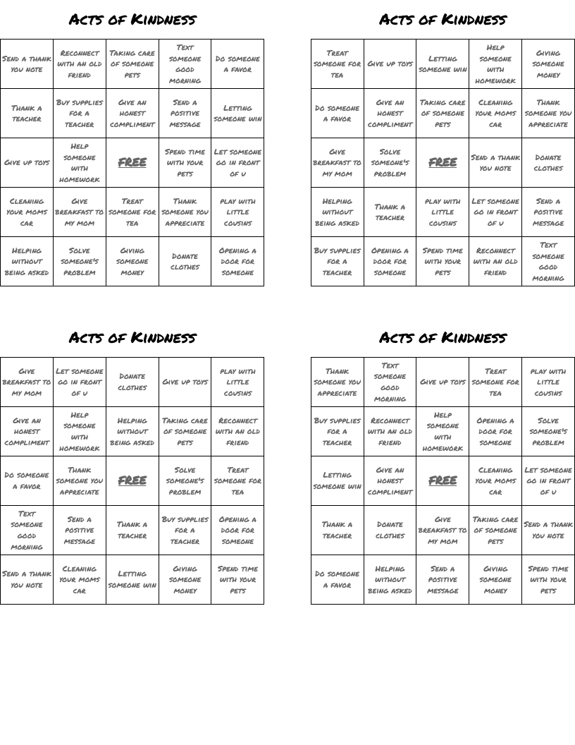 Acts of Kindness Bingo Cards