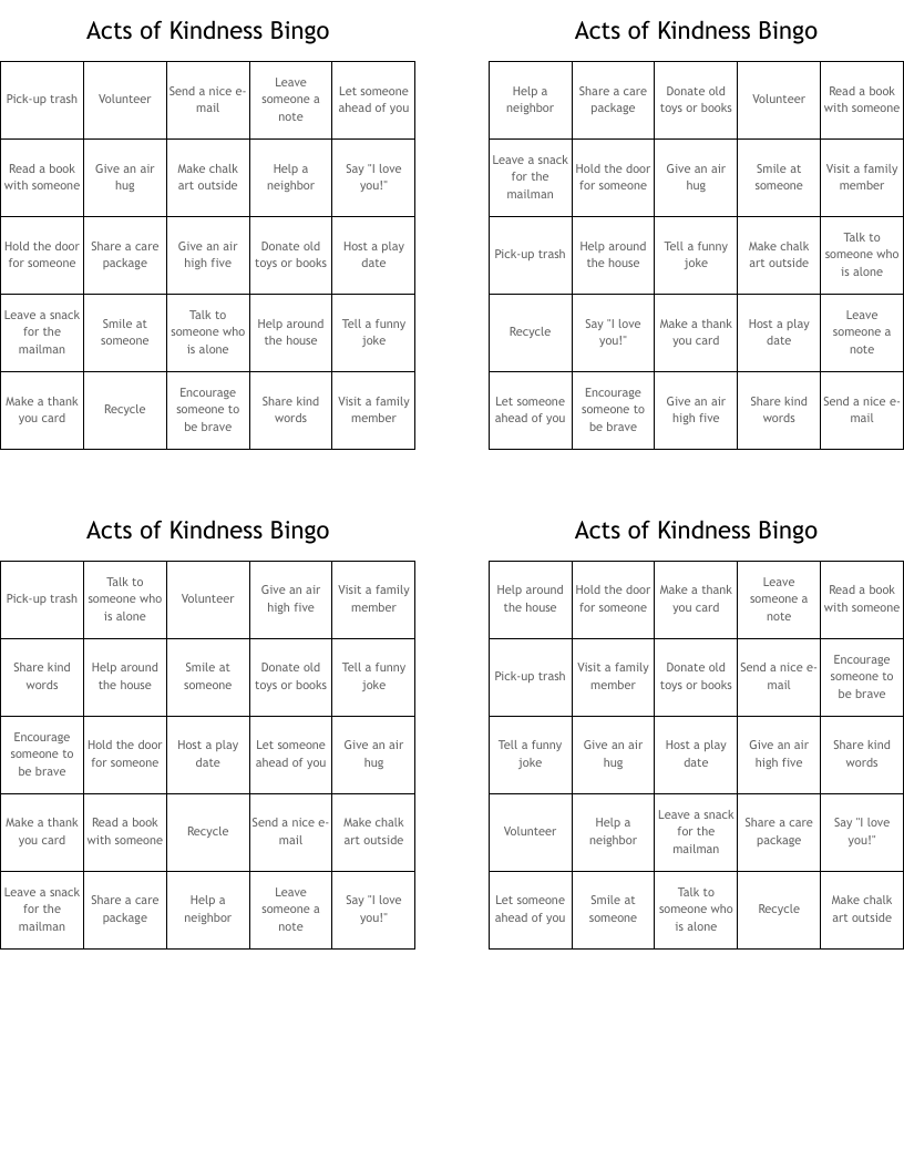 Acts of Kindness Bingo