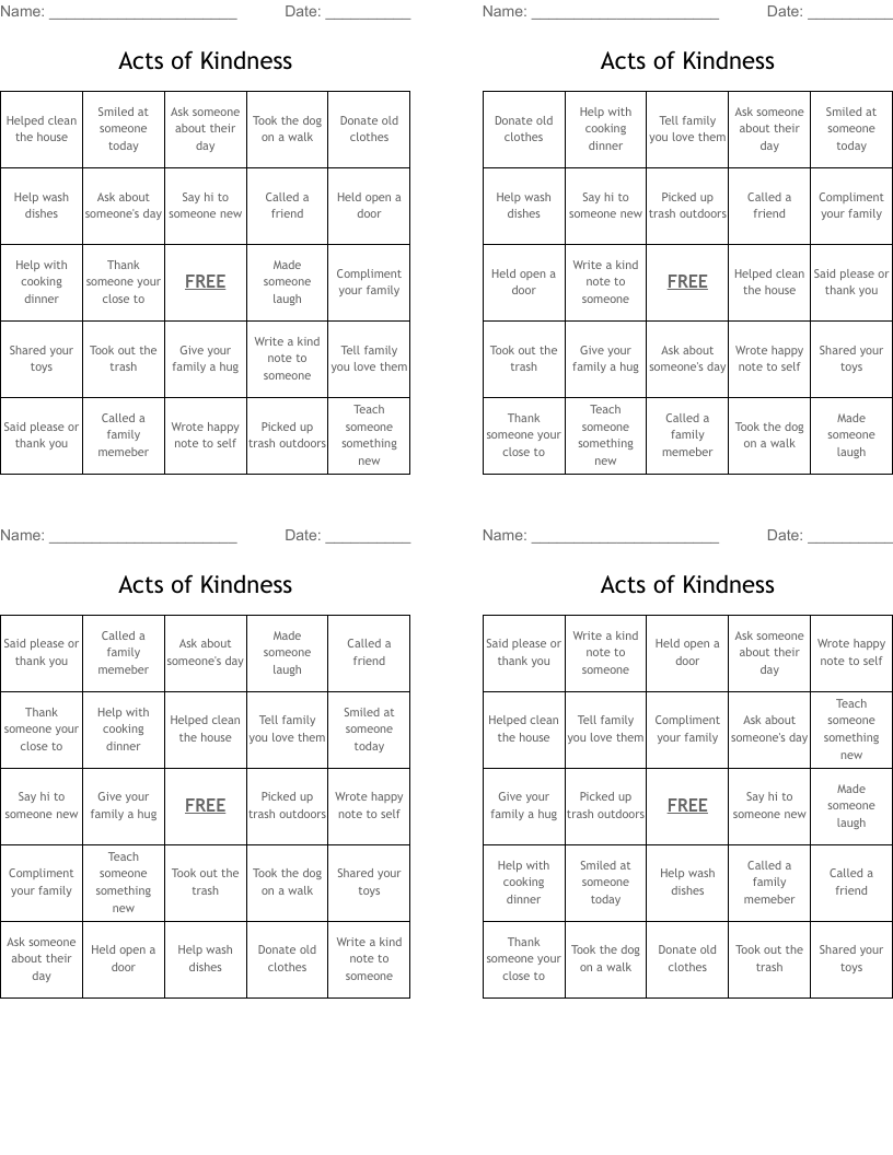Acts of Kindness  Bingo Cards
