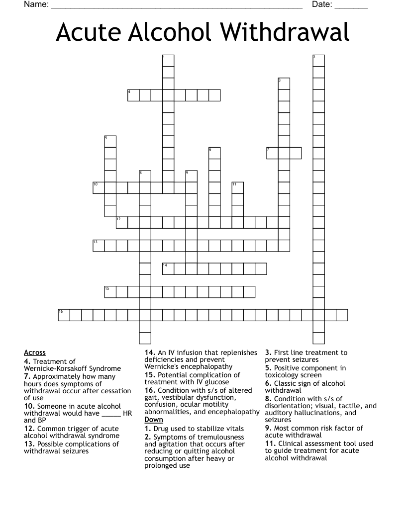 Acute Alcohol Withdrawal Crossword