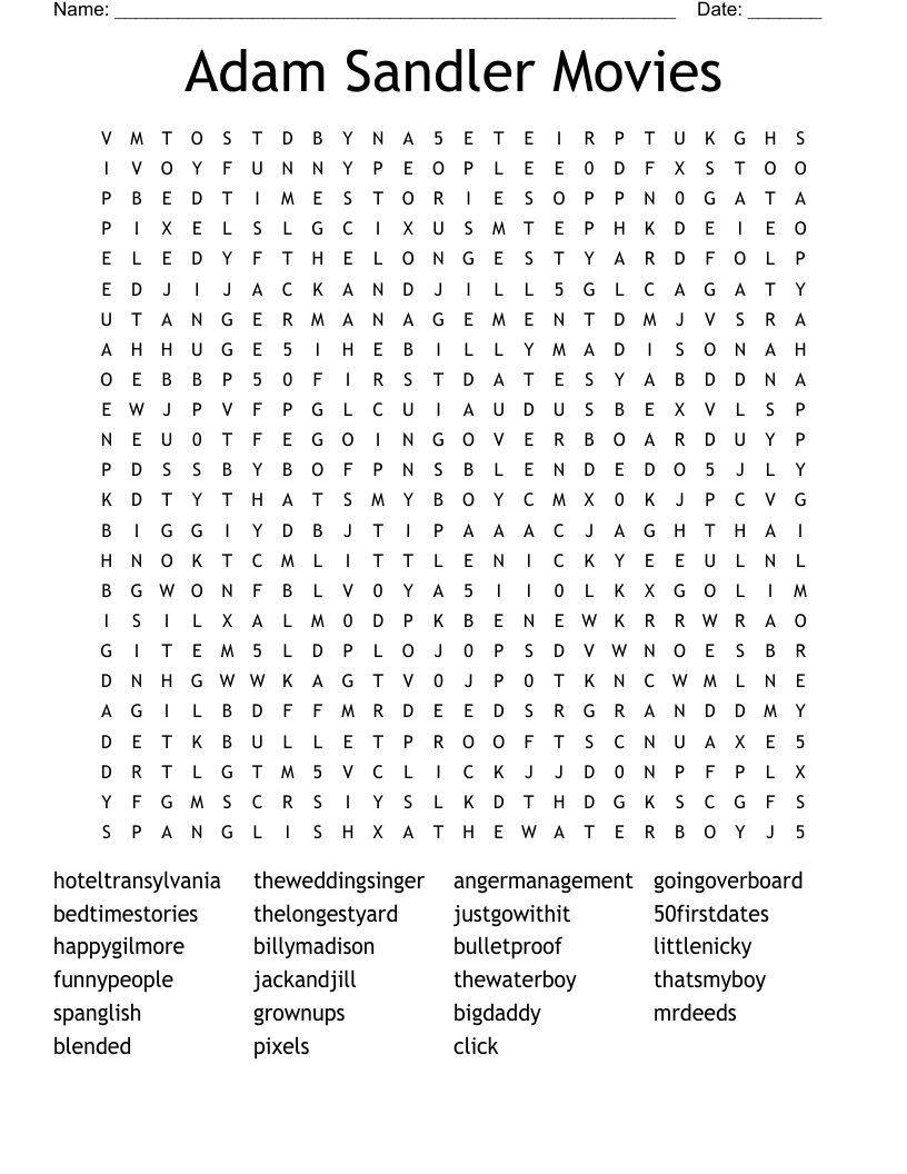 Adam Sandler Movies Word Search