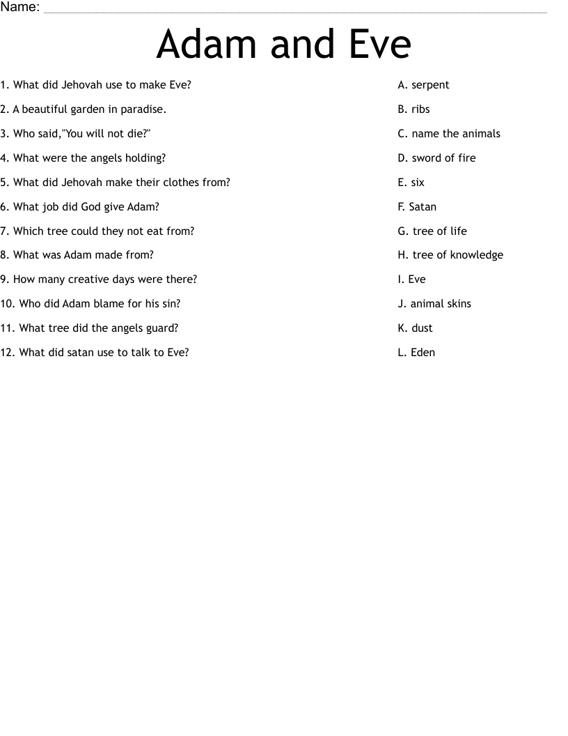 Adam and Eve Worksheet