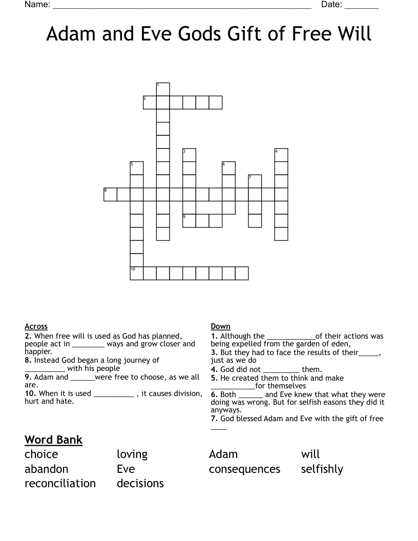 Adam and Eve Gods Gift of Free Will  Crossword