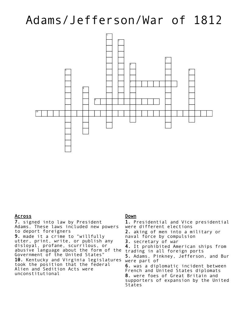 Adams/Jefferson/War of 1812 Crossword