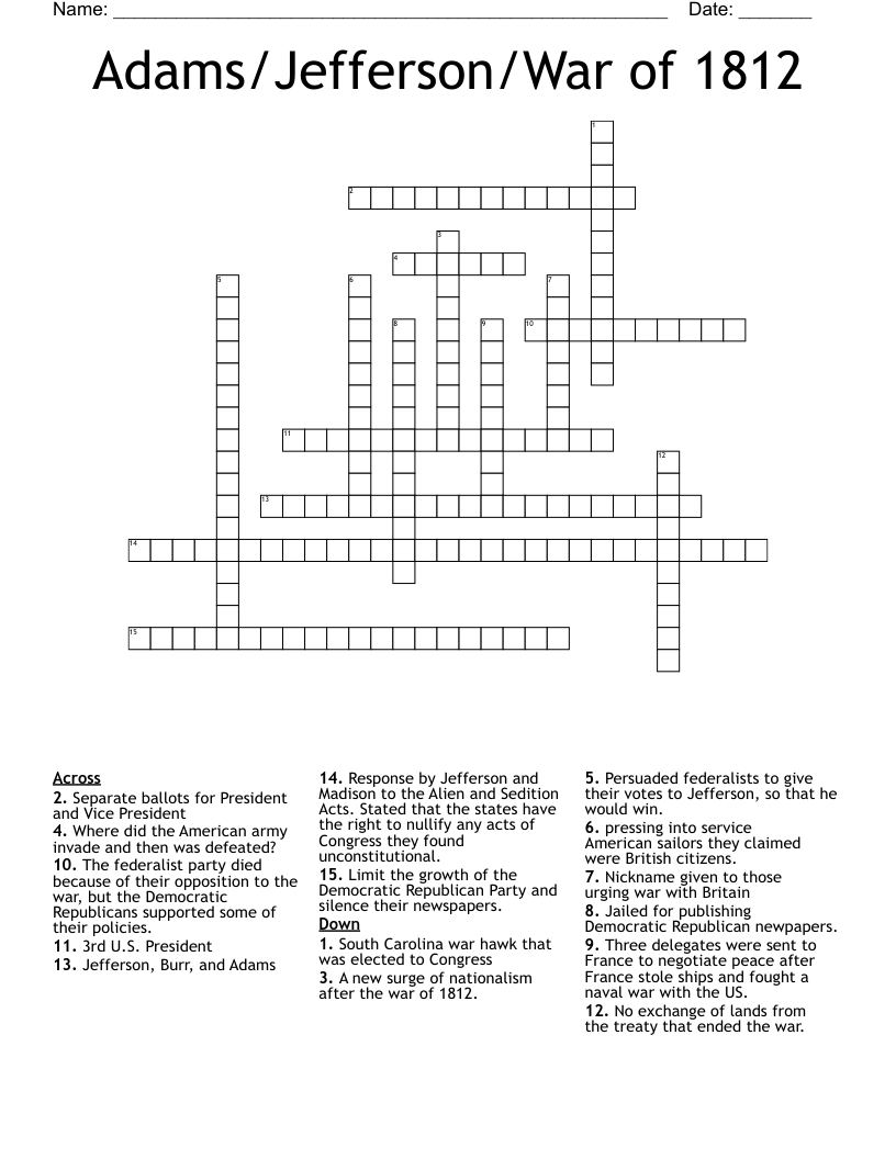 Adams/Jefferson/War of 1812 Crossword