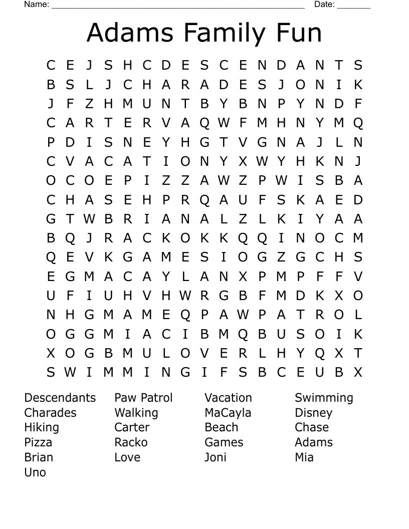 Adams Family Fun Word Search