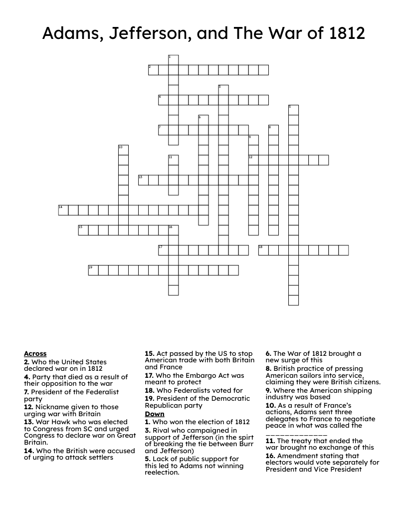 Adams, Jefferson, and The War of 1812 Crossword