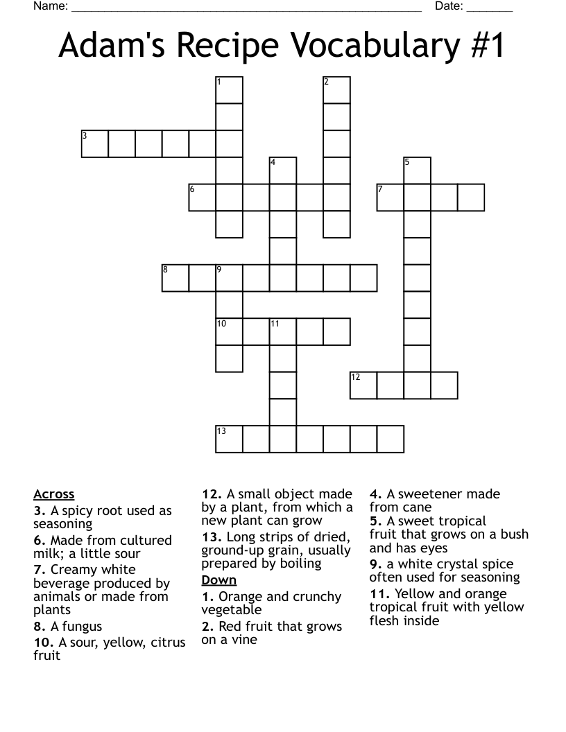 Adam's Recipe Vocabulary #1 Crossword