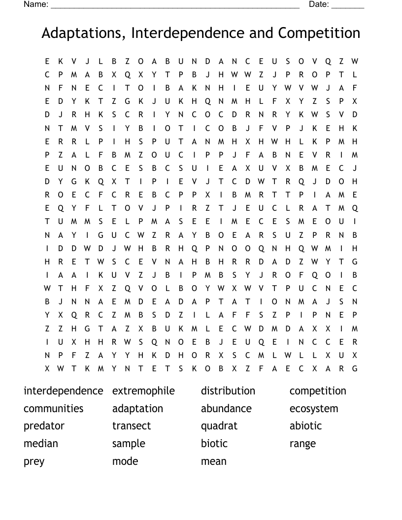 Adaptations, Interdependence and Competition Word Search