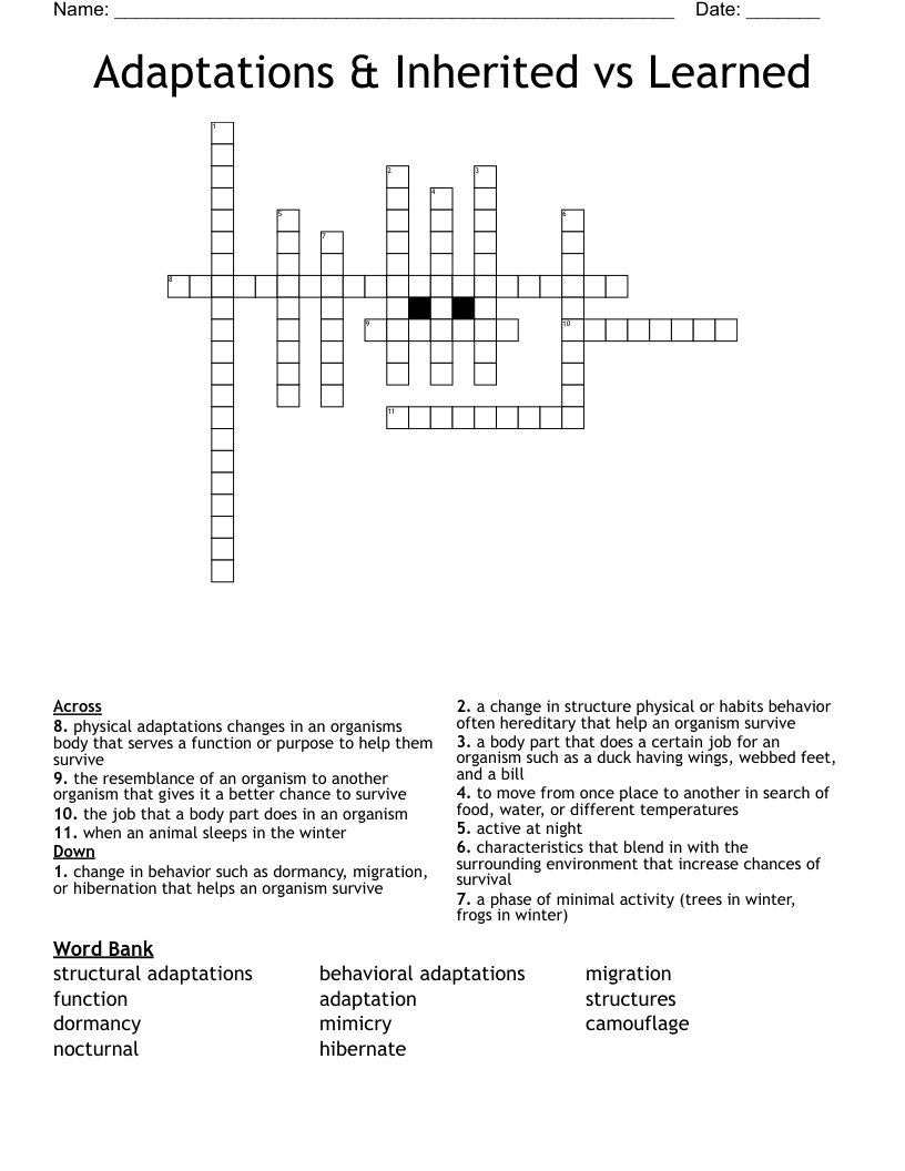 Adaptations & Inherited vs Learned Crossword