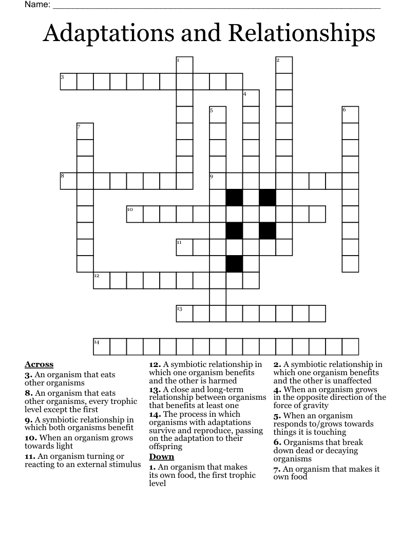 Adaptations and Relationships Crossword