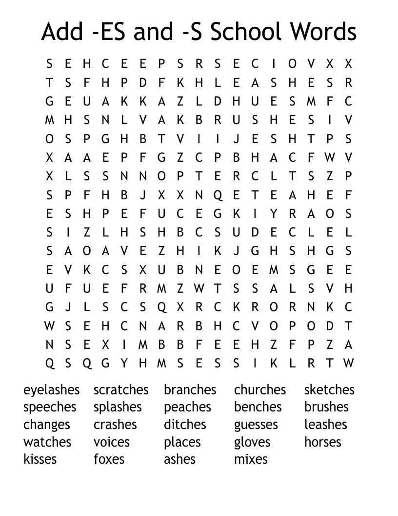 Add -ES and -S School Words Word Search