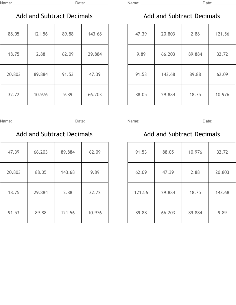 Add and Subtract Decimals Bingo Cards
