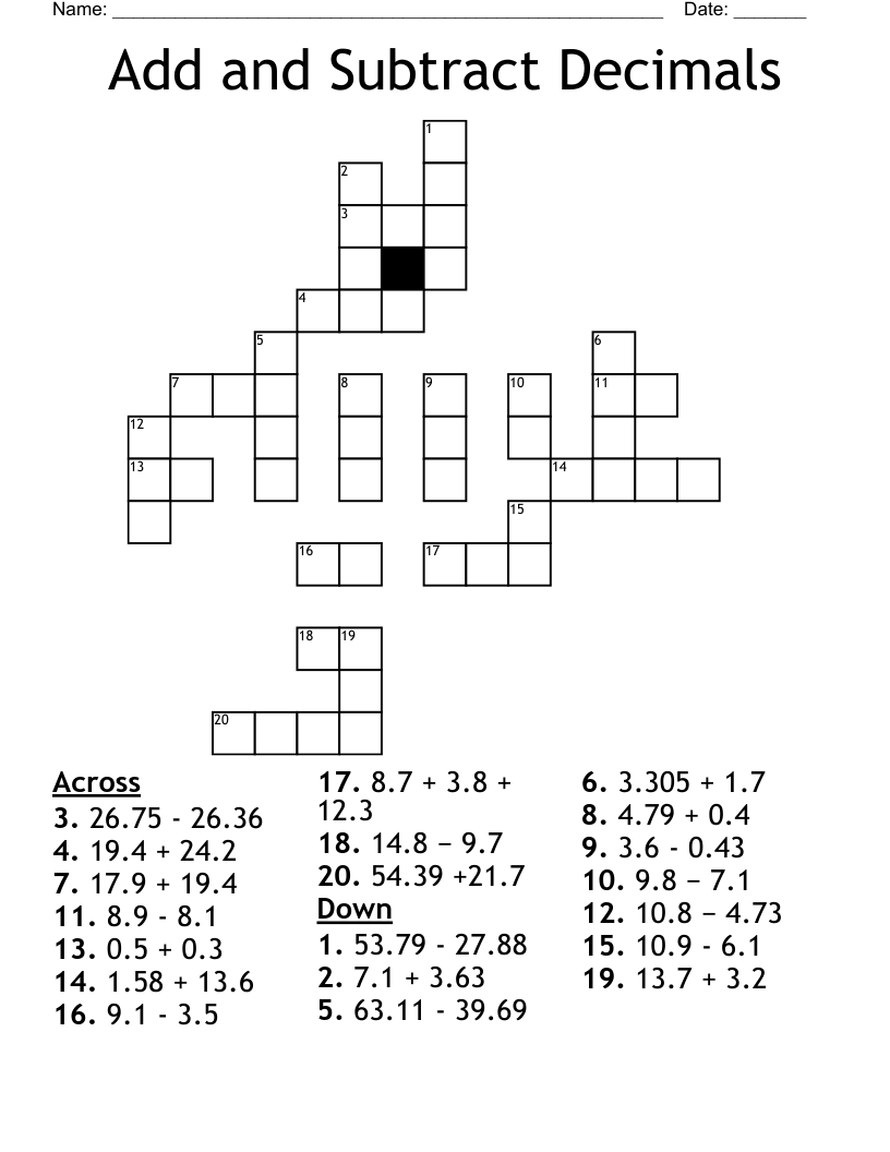Add and Subtract Decimals Crossword