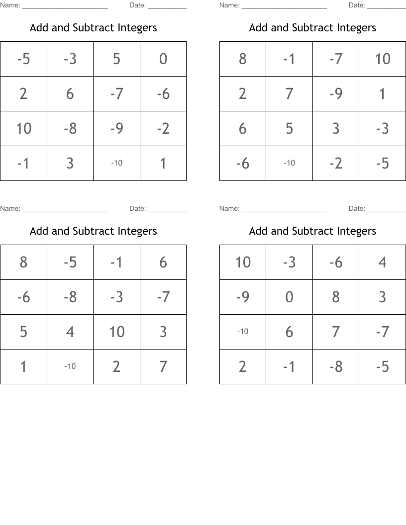 Add and Subtract Integers Bingo Cards